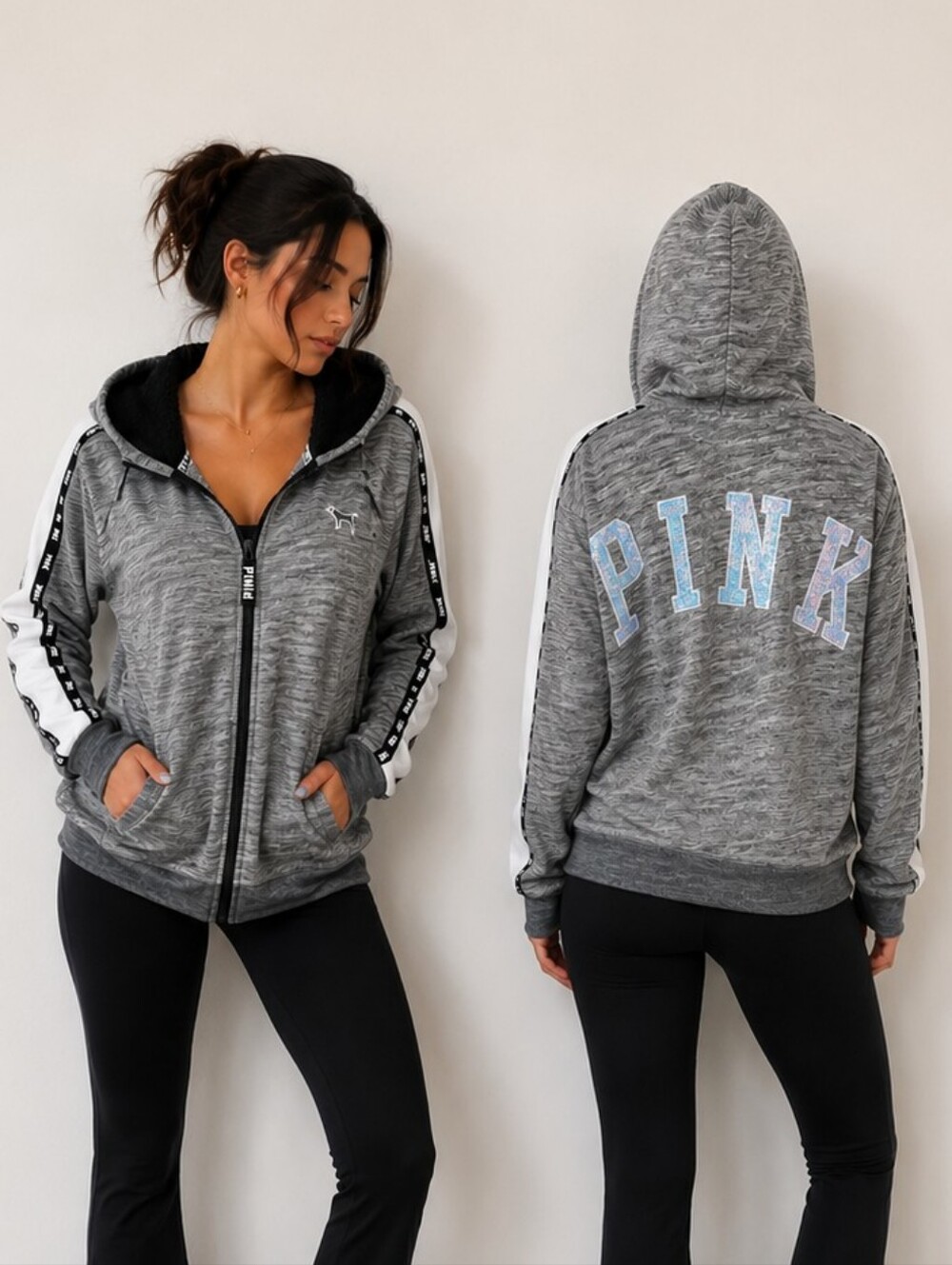 Victoria’s Secret PINK Y2K Gray Sequin Logo Sherpa Hood Zip Jacket Women M